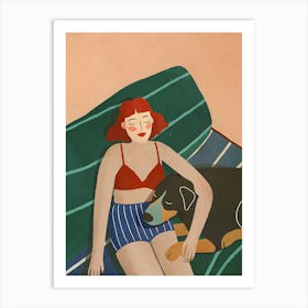 Woman Girl and Dog Chilling on Sofa Couch Art Print