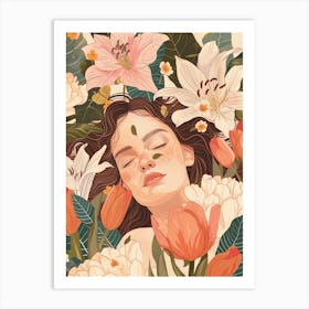 Sleepy Girl With Flowers Art Print