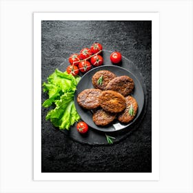 Cutlets with cherry tomatoes — Food kitchen poster/blackboard, photo art Art Print