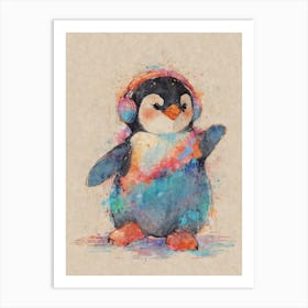 Penguin With Headphones Art Print