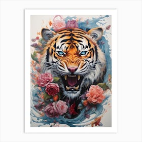 Tiger With Roses Art Print