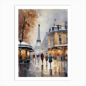 Paris cafes, winter season, Christmas, autumn oil colors, pale colors, pedestrians in the street, winter clothes, falling snow.Christmas decorations.10 2 Art Print