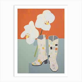 A Painting Of Cowboy Boots With White Flowers, Pop Art Style 13 Art Print
