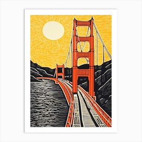 Golden Gate San Francisco Linocut Illustration Style 2 Art Print