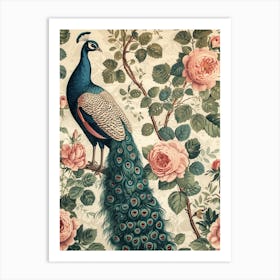 Cream Floral Vintage Peacock Wallpaper Inspired 2 Art Print