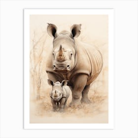 Rhino & Baby Rhino Detailed Illustration 2 Art Print