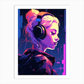 Girl With Headphones, Neon art Art Print