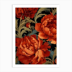 Red Peonies On Black Background Art Print