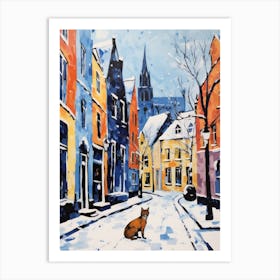 Cat In The Streets Of Bruges   Belgium With Snowd 1 Art Print