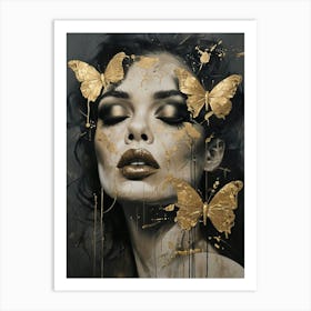 Golden Butterflies Abstract Portrait Luxury Digital Artwork for Modern Decor Art Print