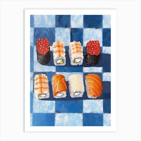 Nigiri Sushi Blue Checkerboard 3 Art Print