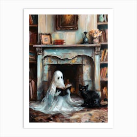 Ghost Reading by Fireplace Art Print