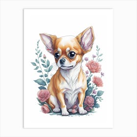 Cute Floral Chihuahua Dog Portrait Painting (5) Art Print