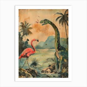Vintage Flamingo & Dinosaur Illustration Art Print