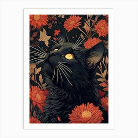 Black Cat In Flowers Art Print