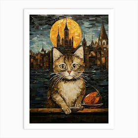 Mosaic Of A Cat In Front Of A Medieval City With A Fish Art Print