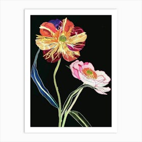 Neon Flowers On Black Ranunculus 1 Art Print