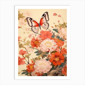 Japanese Style Painting Of A Butterfly With Flowers 1 Art Print