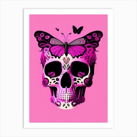 Skull With Butterfly Motifs 1 Pink Mexican Art Print