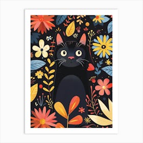 Black Cat In Flowers 12 Art Print