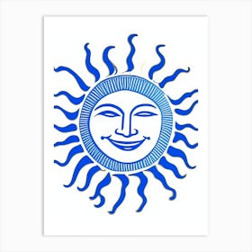 Smiling Sun 1 Symbol Blue And White Line Drawing Art Print