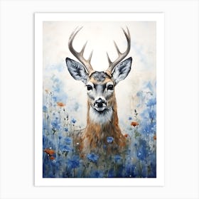 Deer In Blue Flowers Art Print