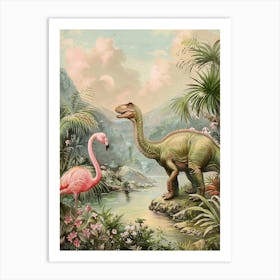 Dinosaur & Flamingo Storybook Style 2 Art Print