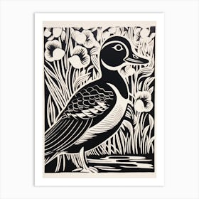 B&W Bird Linocut Wood Duck 1 Art Print