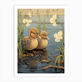 Ducklings With Pond Weed Japanese Woodblock Style 3 Art Print