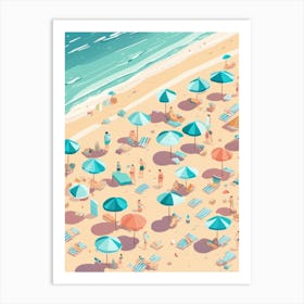 Surreal Figures On Sandy Beach With Umbrellas Parasol Sea Line Pastel Colours Art Print