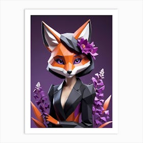 Low Poly Floral Fox Girl, Purple (31) Art Print
