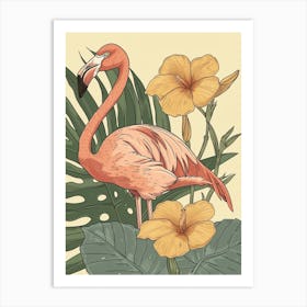 Jamess Flamingo And Tiare Flower Minimalist Illustration 2 Art Print