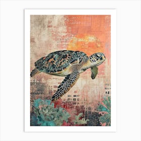 Orange Screen Print Inspired Sea Turtle Art Print