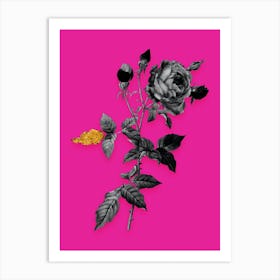 Vintage Provence Rose Black and White Gold Leaf Floral Art on Hot Pink n.1022 Art Print