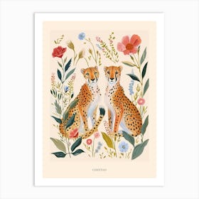 Folksy Floral Animal Drawing Cheetah 2 Poster Art Print