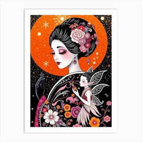 Geisha And Elf - Color Illustration Art Print