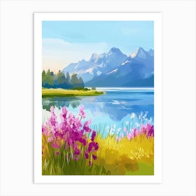 Watercolor Mountains And Flowers Art Print