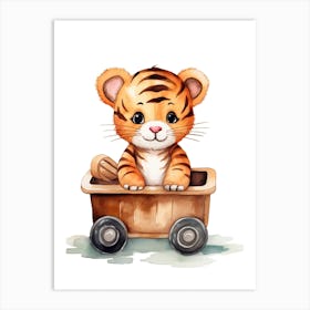 Baby Tiger On A Toy Car, Watercolour Nursery 0 Art Print