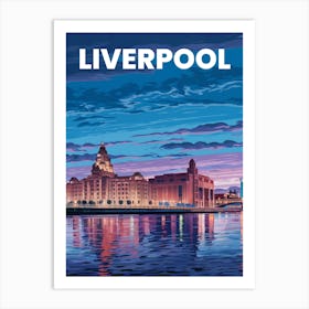 Anime Canvas Art: Vibrant Liverpool Waterfront with the Royal Liver Building and Shimmering Reflections at Dusk, Ideal for Lofi Aesthetic and Urban Fans. Art Print