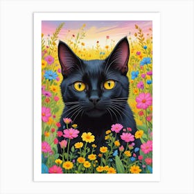 Quirky Cat In A Flower Field Art Print (5) Art Print