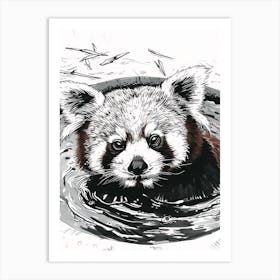 Red Panda Relaxing In A Hot Spring Ink Illustration 1 Art Print