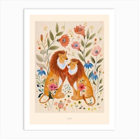 Folksy Floral Animal Drawing Lion 4 Poster Art Print