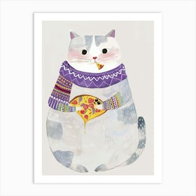 Happy Grey And White Cat Pizza Lover Folk Illustration 3 Art Print