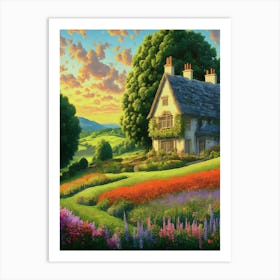 Blooming Flower Field With Idyllic Farmhouse Art Print