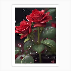 Red Roses At Rainy With Water Droplets Vertical Composition 81 Art Print