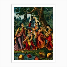 Lord Krishna And His Attendants Art Print