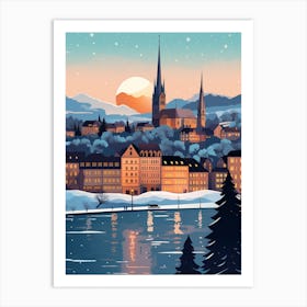 Winter Travel Night Illustration Zurich Switzerland 7 Art Print