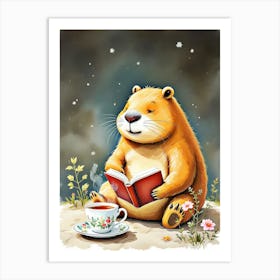 Funny Capcapybara Ebera Reading Book And Drink Tea Art Print