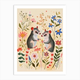 Folksy Floral Animal Drawing Oppossum Art Print