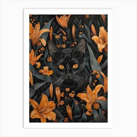 Black Cat In Lilies 4 Art Print